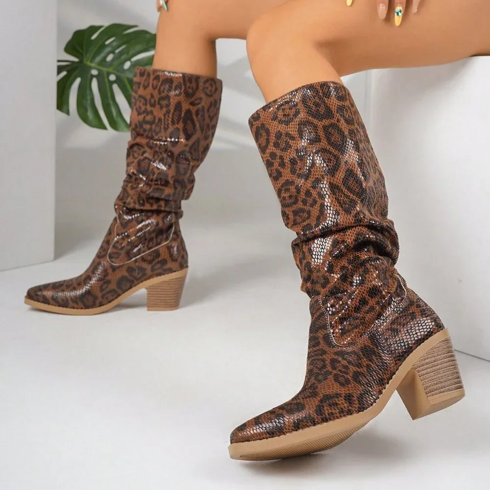 Elegant Women's Thick Heel Leopard Print Knee High Boots - Picture 4 of 5